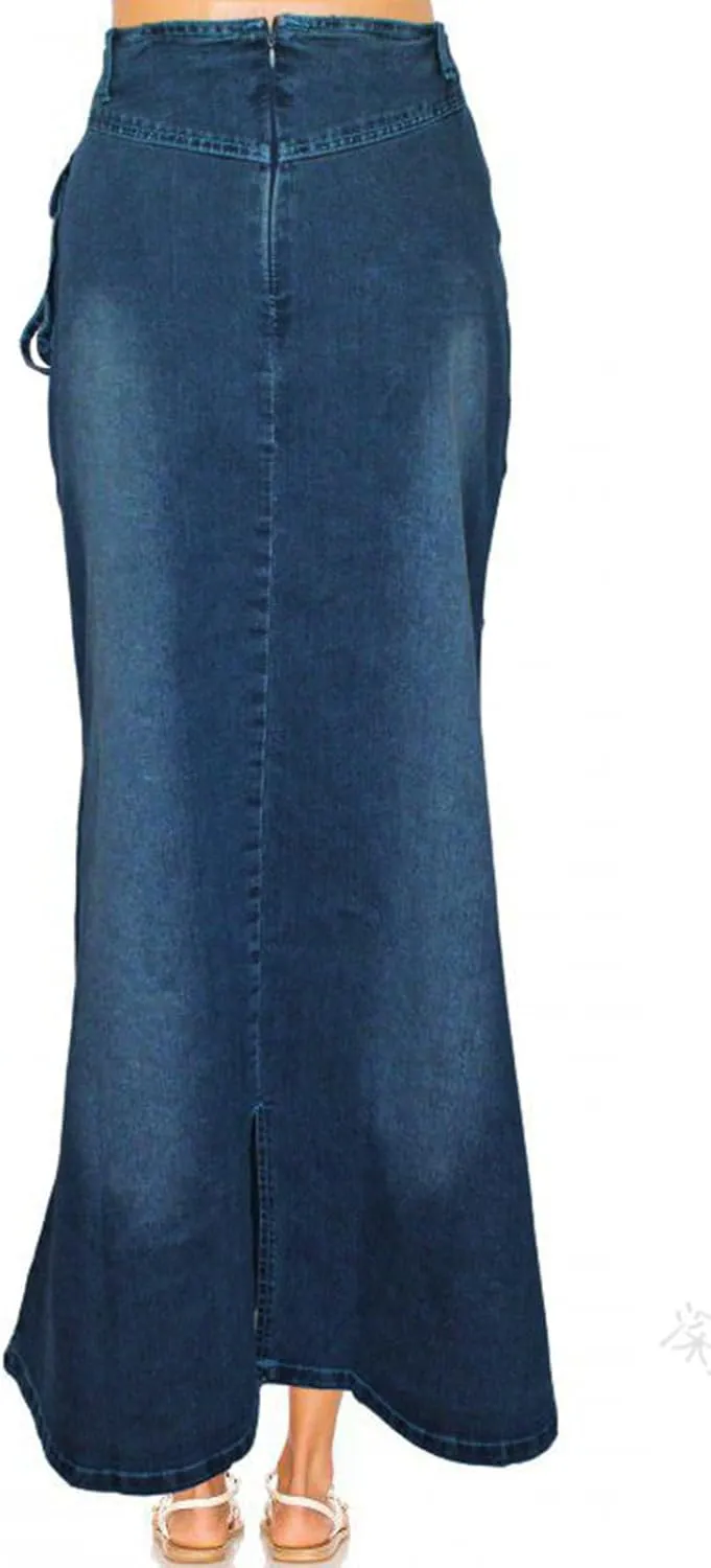 loveimgs Women's Vintage High Waist Zipper A Line Fishtail Skirt Ruffle Mermaid Maxi Long Denim Jean Skirt