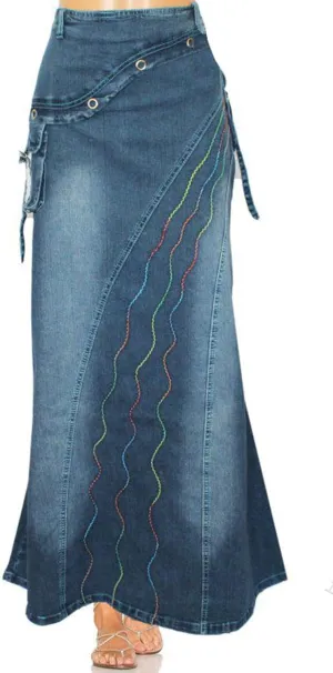 loveimgs Women's Vintage High Waist Zipper A Line Fishtail Skirt Ruffle Mermaid Maxi Long Denim Jean Skirt