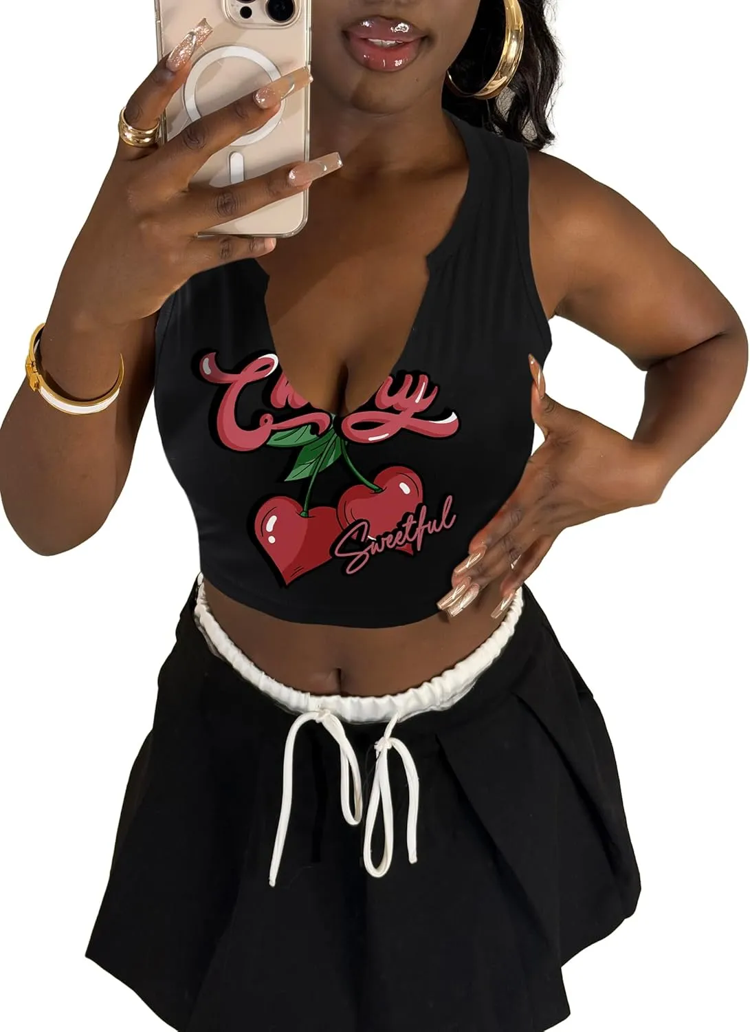 LovelyWholesale Graphic Crop Tank Tops for Women Sexy Summer V Neck Tank Tops