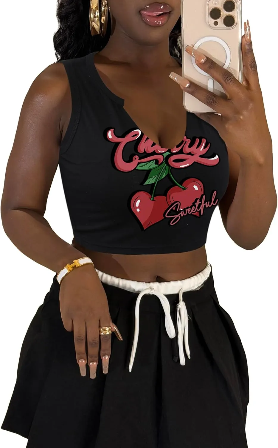 LovelyWholesale Graphic Crop Tank Tops for Women Sexy Summer V Neck Tank Tops
