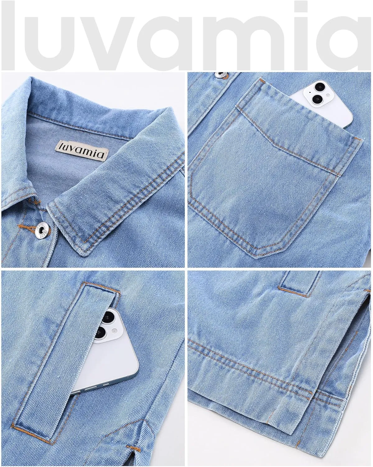 luvamia Denim Jacket for Women Trendy Oversized Button Down Jean Jacket Long Sleeve Slit Hem Shacket Jackets with Pocket