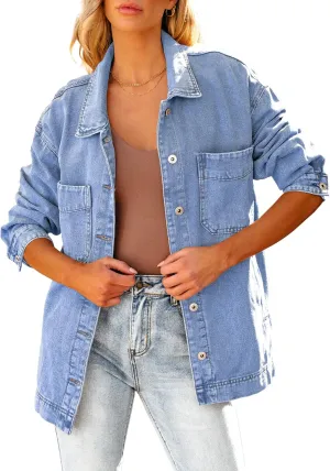 luvamia Denim Jacket for Women Trendy Oversized Button Down Jean Jacket Long Sleeve Slit Hem Shacket Jackets with Pocket