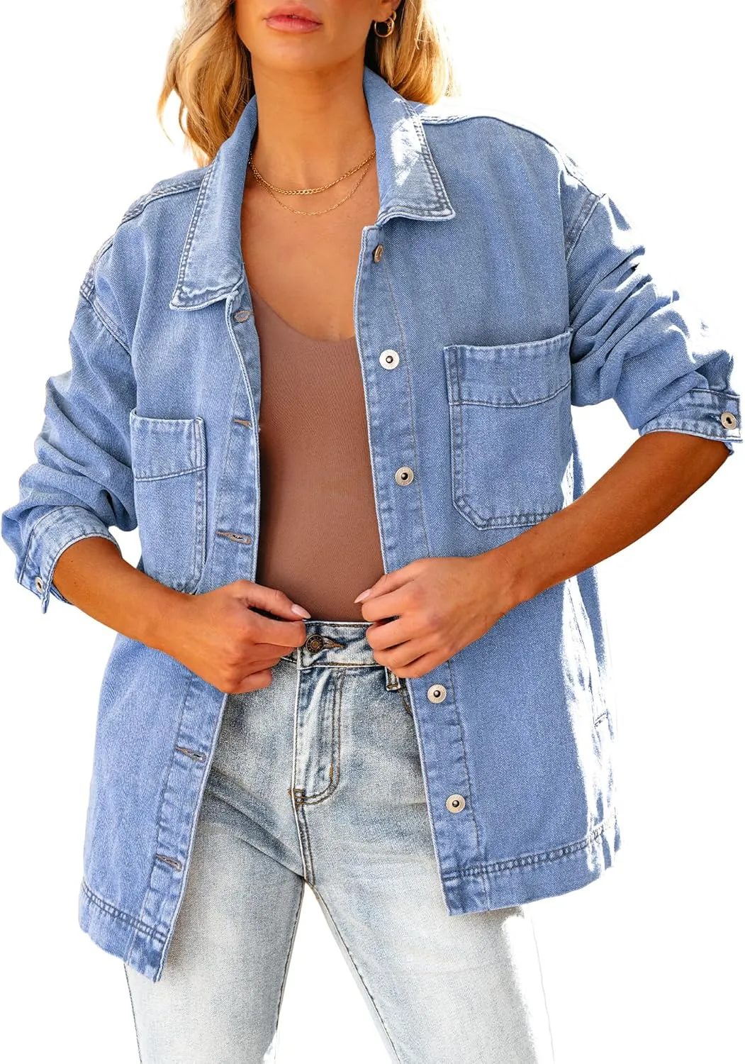 luvamia Denim Jacket for Women Trendy Oversized Button Down Jean Jacket Long Sleeve Slit Hem Shacket Jackets with Pocket