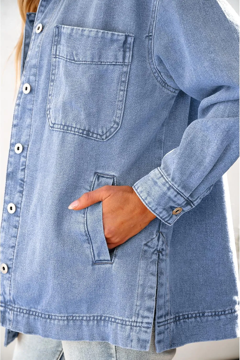 luvamia Denim Jacket for Women Trendy Oversized Button Down Jean Jacket Long Sleeve Slit Hem Shacket Jackets with Pocket
