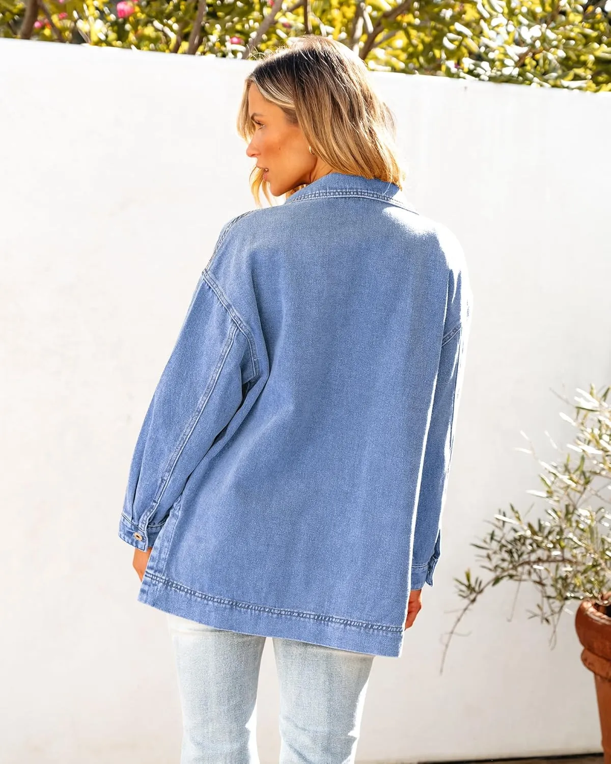 luvamia Denim Jacket for Women Trendy Oversized Button Down Jean Jacket Long Sleeve Slit Hem Shacket Jackets with Pocket