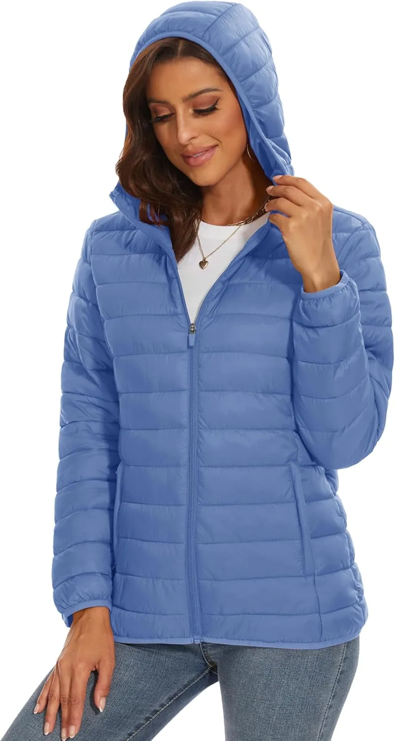 MAGCOMSEN Women's Hooded Puffer Jacket Lightweight Quilted Padded Coat 4 Pockets Zip-up Winter Warm Outerwear
