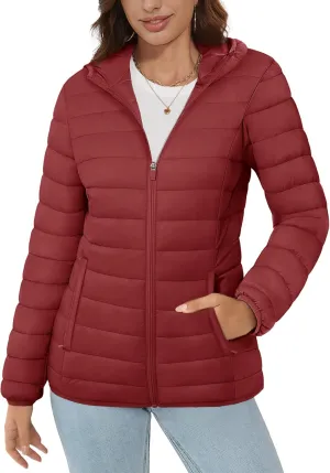 MAGCOMSEN Women's Hooded Puffer Jacket Lightweight Quilted Padded Coat 4 Pockets Zip-up Winter Warm Outerwear