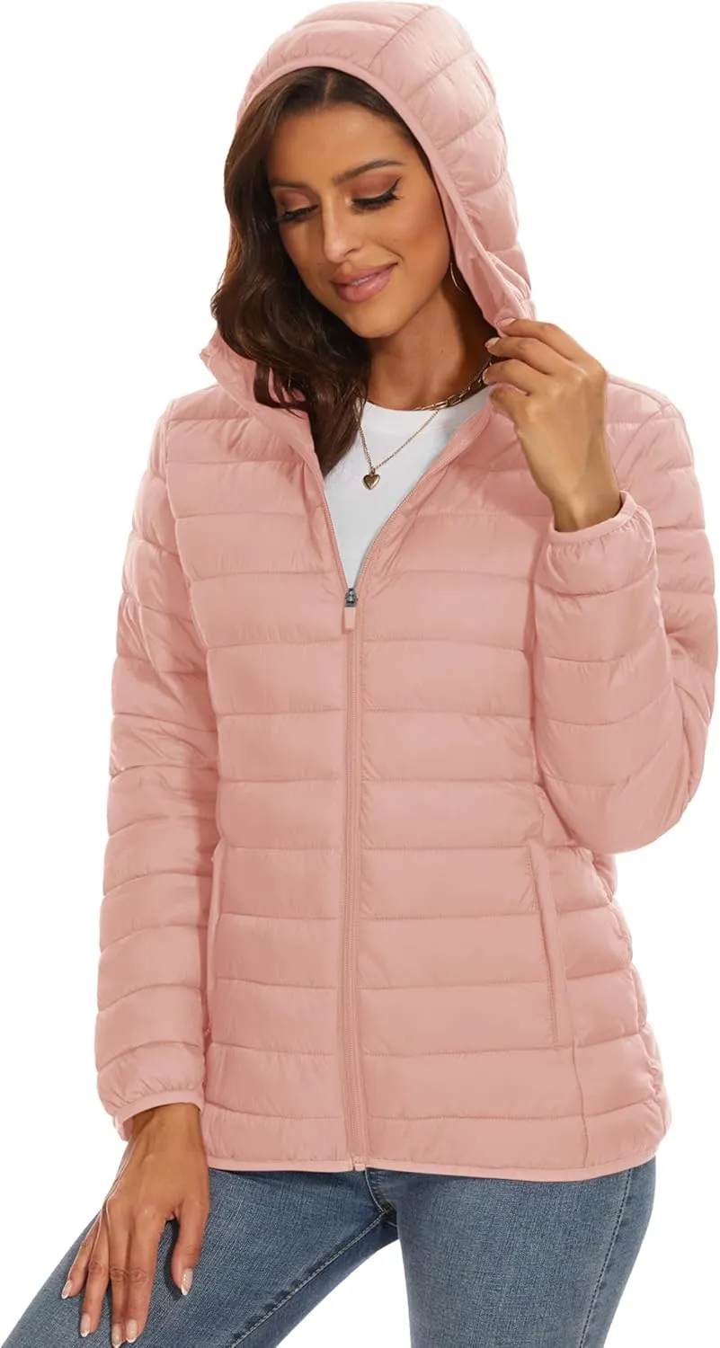 MAGCOMSEN Women's Hooded Puffer Jacket Lightweight Quilted Padded Coat 4 Pockets Zip-up Winter Warm Outerwear
