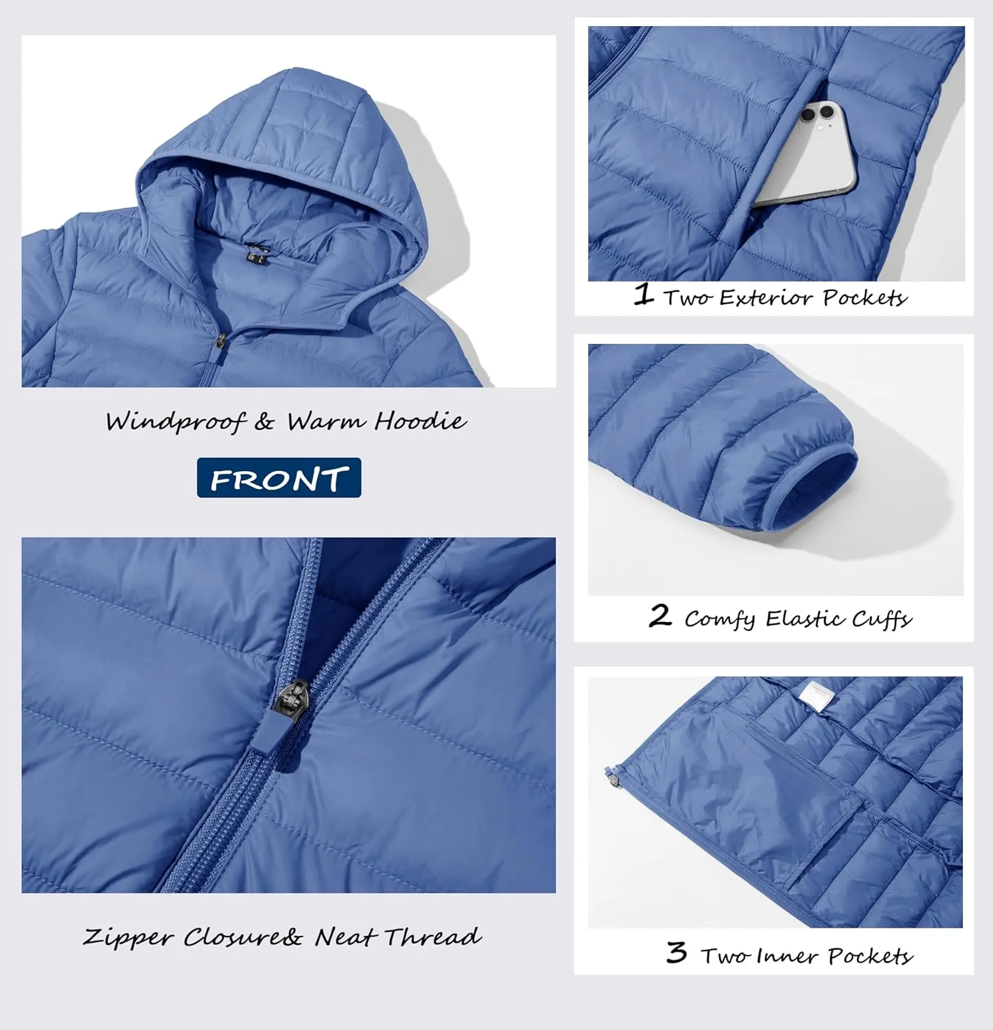 MAGCOMSEN Women's Hooded Puffer Jacket Lightweight Quilted Padded Coat 4 Pockets Zip-up Winter Warm Outerwear