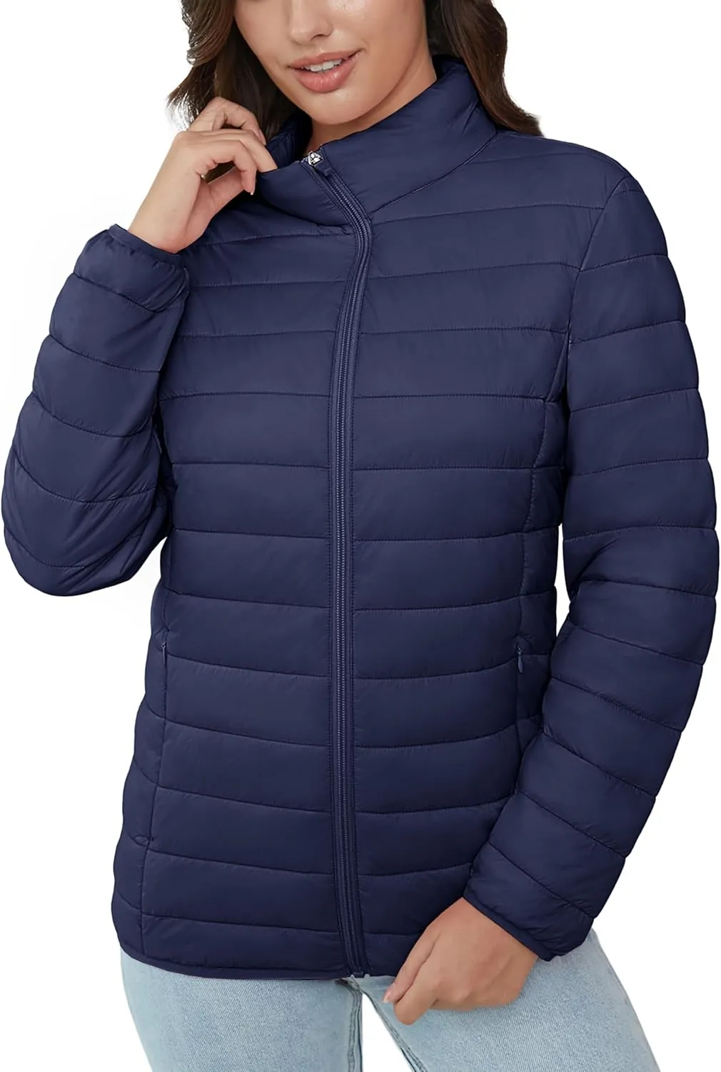MAGCOMSEN Women's Puffer Jacket Lightweight Quilted Padded 4 Pockets Zip-up Stand-collar Winter Fleece Coat