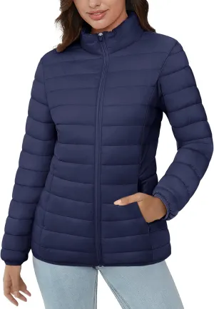 MAGCOMSEN Women's Puffer Jacket Lightweight Quilted Padded 4 Pockets Zip-up Stand-collar Winter Fleece Coat