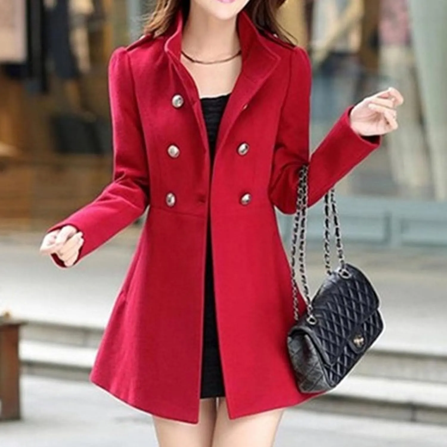 Maiyifu-GJ Women's Stand Collar Double Breasted Wool Blend Coat Elegant Slim Trench Coat Fall Winter Overcoat Outerwear