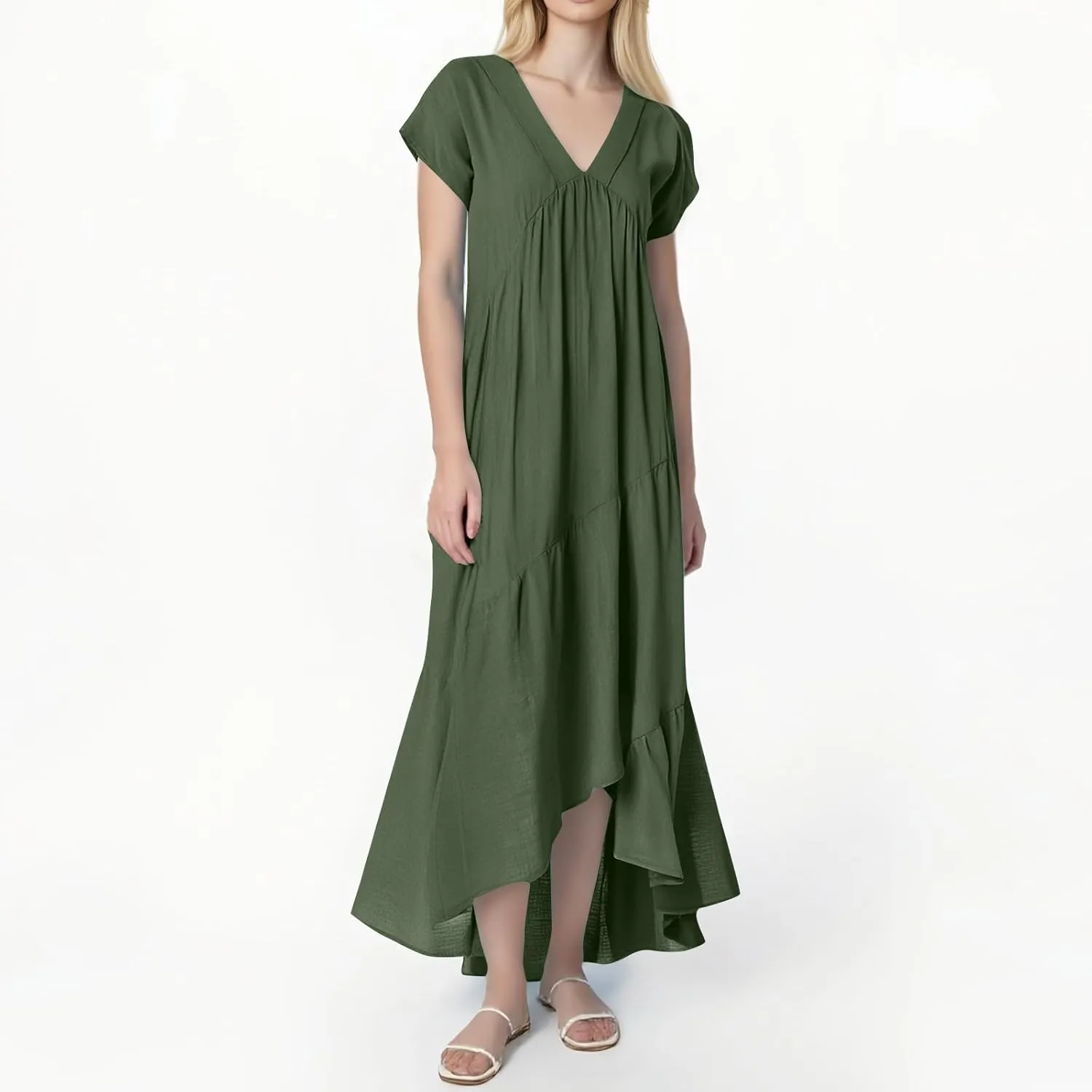 Maxi Cotton Linen Dresses for Women 2025 Summer V-Neck Short Sleeve Asymmetrical Dress Beach Elegant Long Flowy Dress