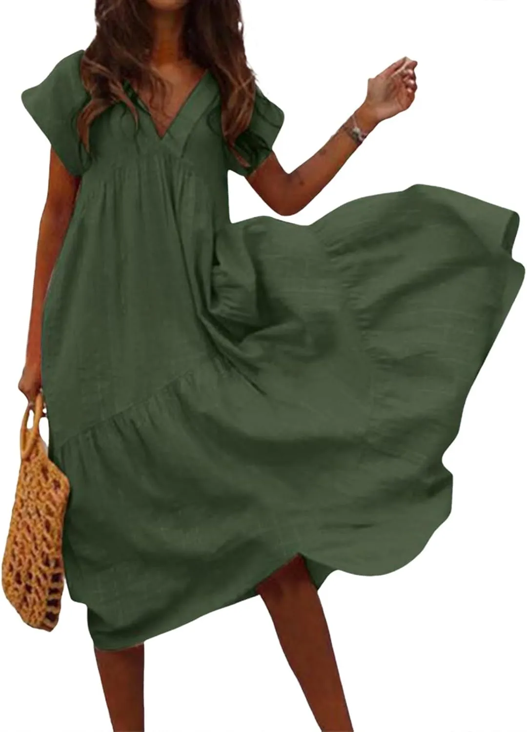 Maxi Cotton Linen Dresses for Women 2025 Summer V-Neck Short Sleeve Asymmetrical Dress Beach Elegant Long Flowy Dress