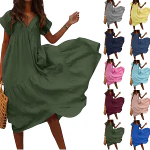 Maxi Cotton Linen Dresses for Women 2025 Summer V-Neck Short Sleeve Asymmetrical Dress Beach Elegant Long Flowy Dress
