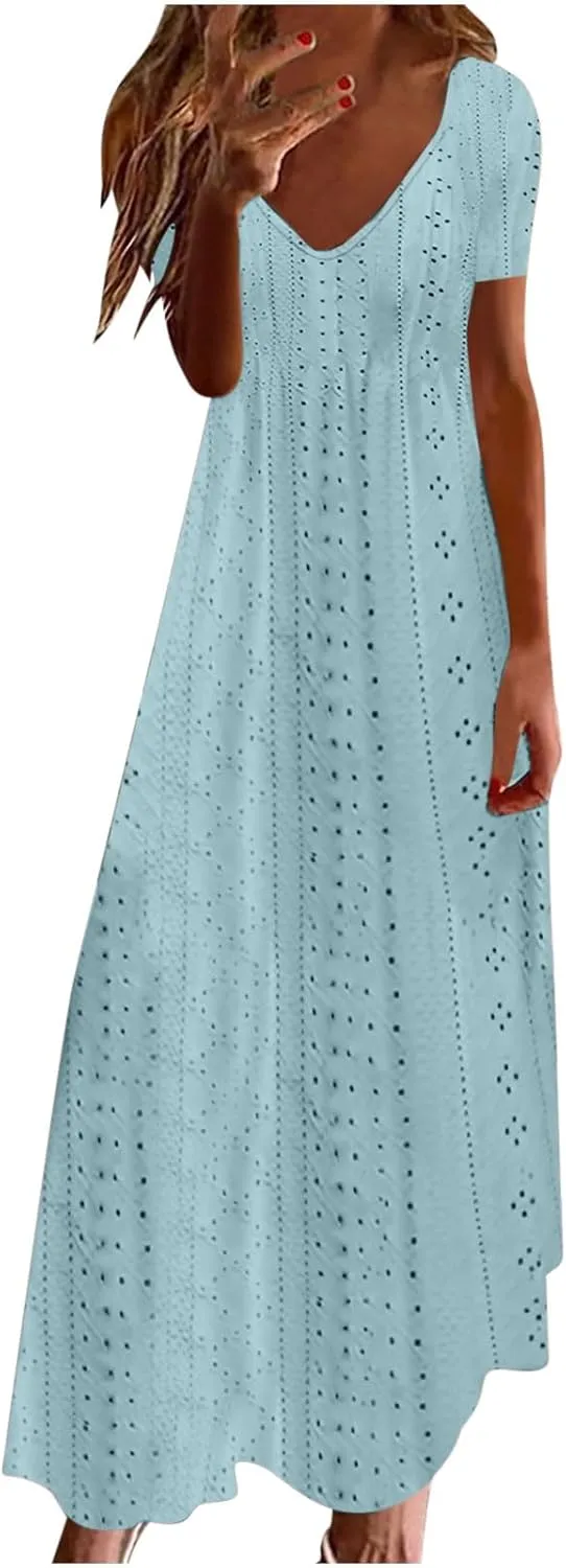 Maxi Long Dresses for Women 2025 Trendy Sleeveless Eyelet Cami Dress Casual Summer Beach Swing Vacation Sundress