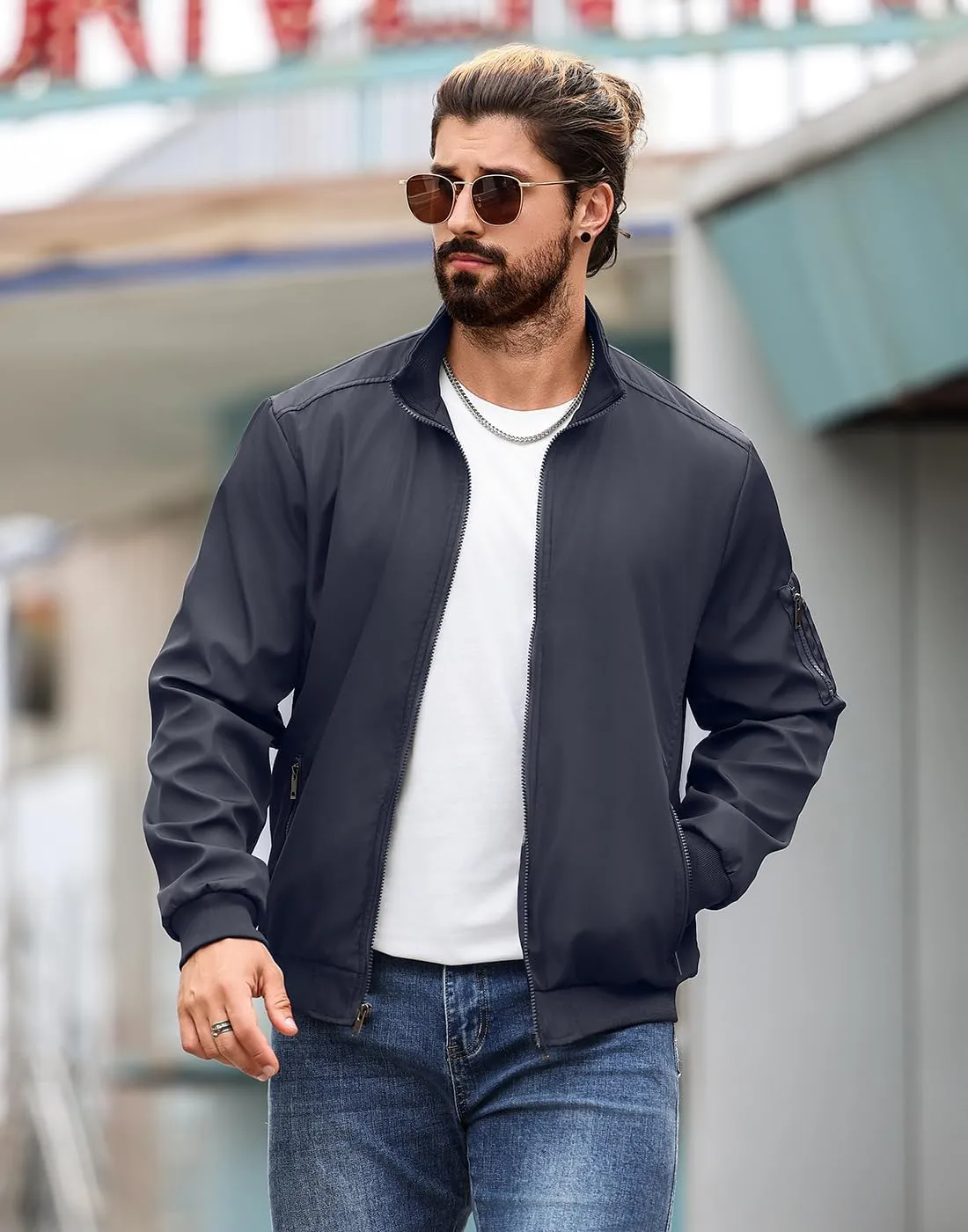 Men's Bomber Jacket Lightweight Casual Windbreaker Jackets Zip Up Coat