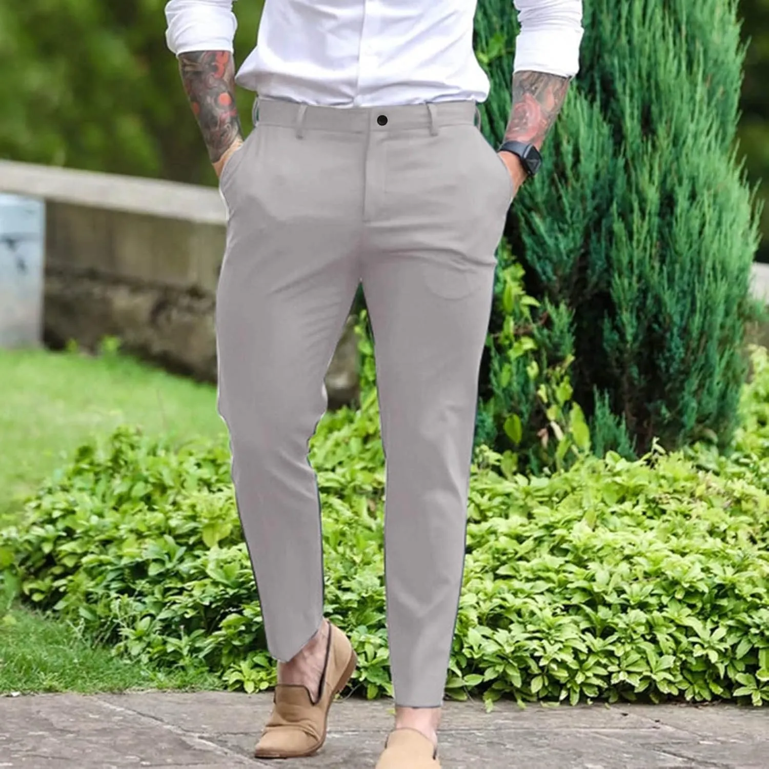 Mens Formal Dress Pants Casual Business Work Suit Pants Comfort Stretch Chino Golf Pants Slim Fit Tapered Lounge Trousers