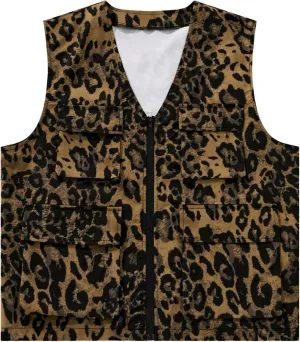 Men's Leopard Zip Up Vest Coat Vintage Cheetah Sleeveless Jacket Waistcoat Streetwear with Flap Pockets