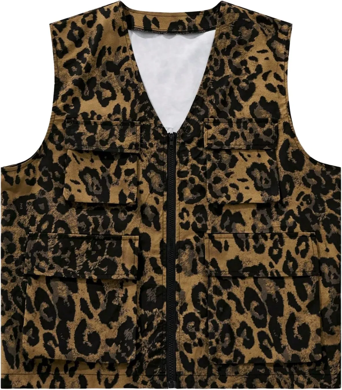 Men's Leopard Zip Up Vest Coat Vintage Cheetah Sleeveless Jacket Waistcoat Streetwear with Flap Pockets