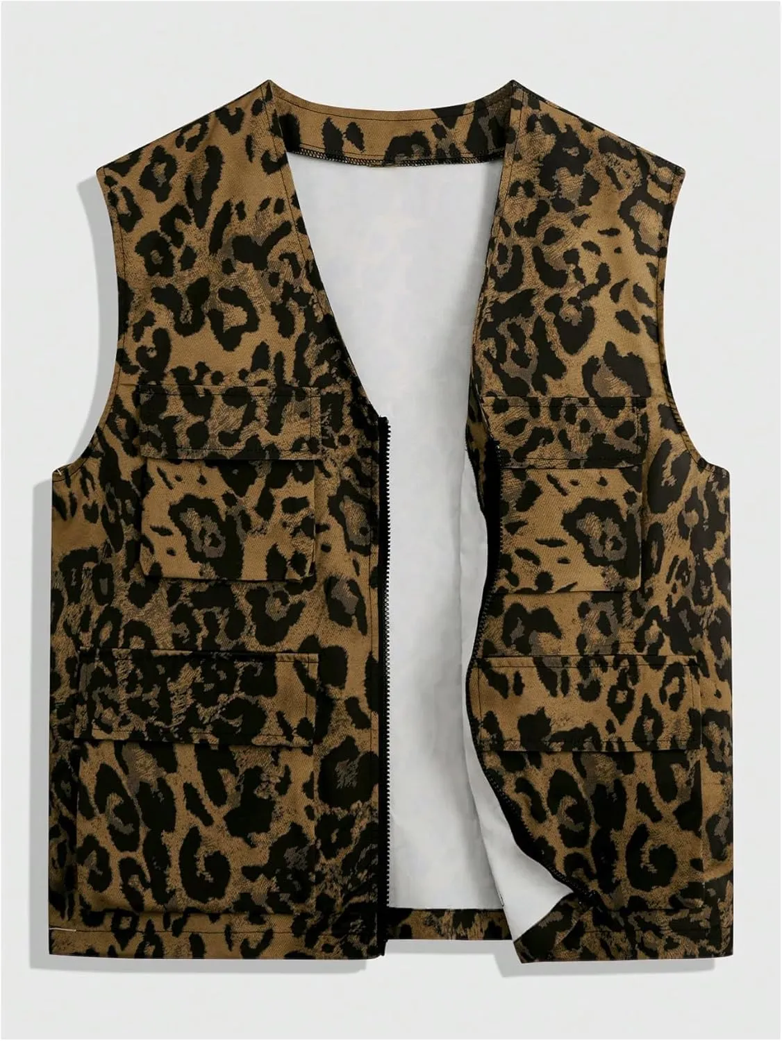 Men's Leopard Zip Up Vest Coat Vintage Cheetah Sleeveless Jacket Waistcoat Streetwear with Flap Pockets