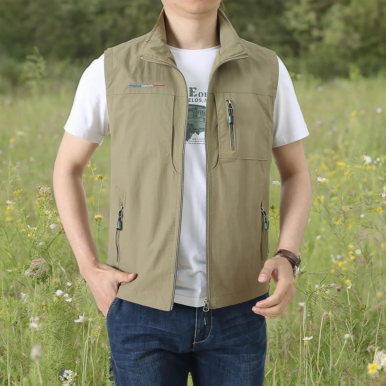 Mens Quick Dry Fishing Vests Lightweight Sleeveless Jackets with Zipper Pockets for Travel Hiking