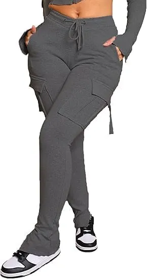 Molisry Women's Flare Cargo Sweatpants Casual High Waisted Split Stacked Leggings Workout Joggers with Pockets