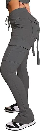 Molisry Women's Flare Cargo Sweatpants Casual High Waisted Split Stacked Leggings Workout Joggers with Pockets