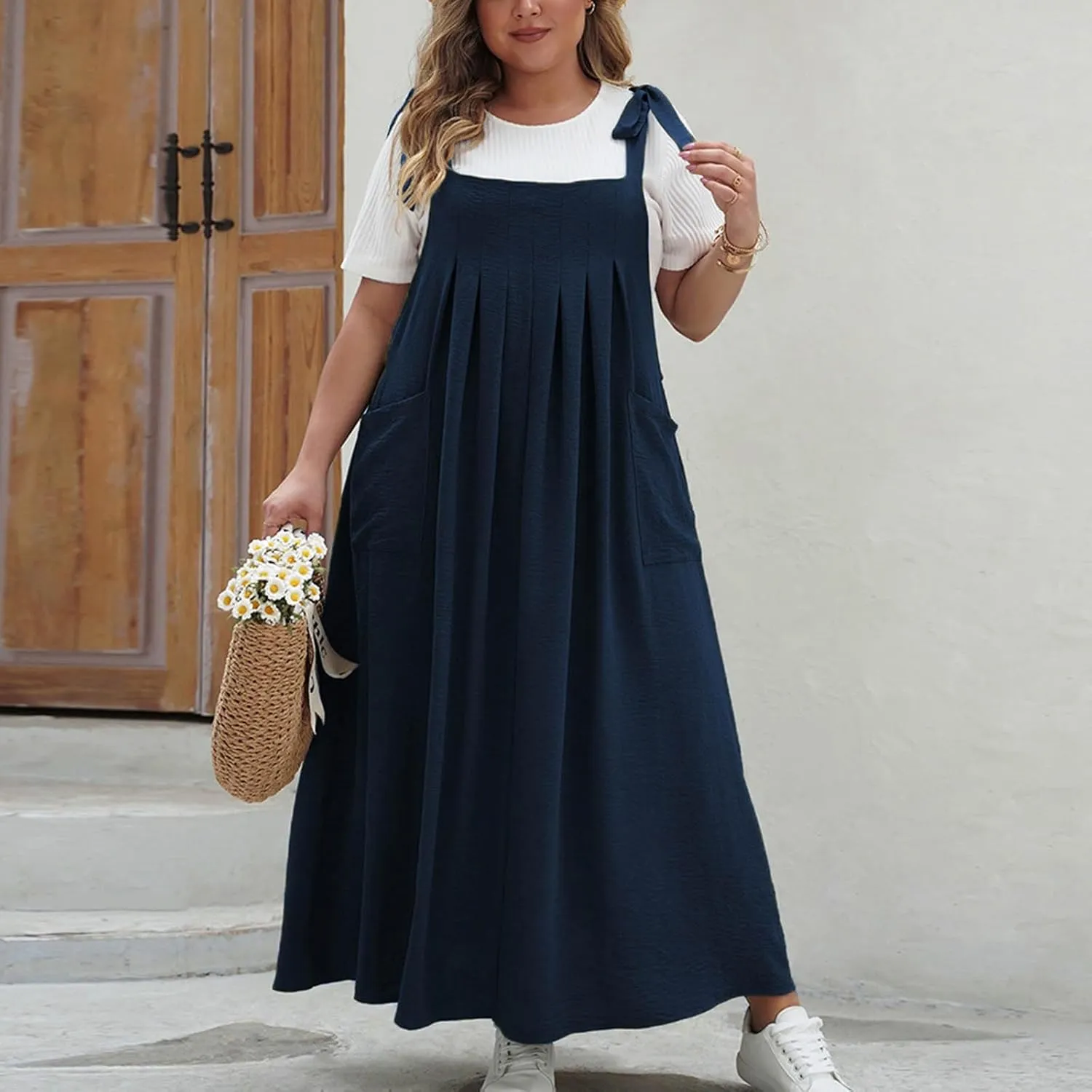 NaRHbrg Women's Plus Size Maxi Dress Loose Fit Sleeveless Casual Summer Pinafore Dresses with Pockets