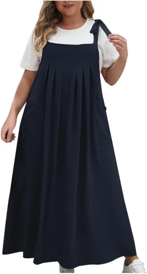 NaRHbrg Women's Plus Size Maxi Dress Loose Fit Sleeveless Casual Summer Pinafore Dresses with Pockets