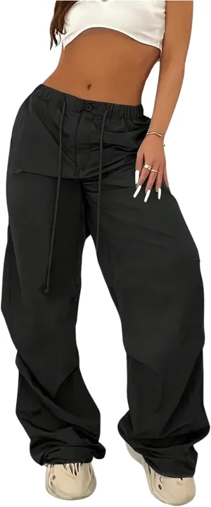 OYOANGLE Women's Drawstring Elastic Waist Parachute Pants Wide Leg Loose Casual Cargo Pants Streetwear