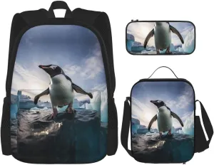 penguins Backpack set (3-piece set) - student school bag   pencil case   lunch bag, large capacity backpack