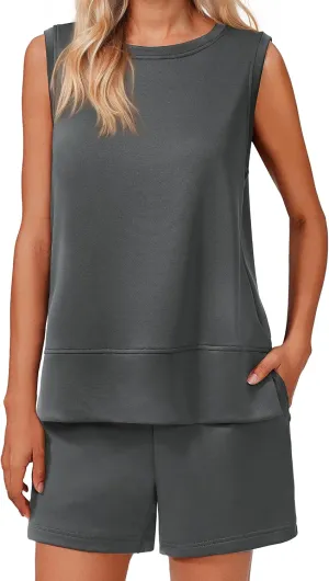 PINSPARK Two Piece Sets for Women Summer Sleeveless Lounge Set Crewneck Tops Sweatsuit Drawstring Shorts Tracksuit Outfits