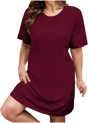 Plus Size Summer Dresses for Women Short Sleeve Casual Dress Loose Round Neck Solid Color Sundress Beach Dress