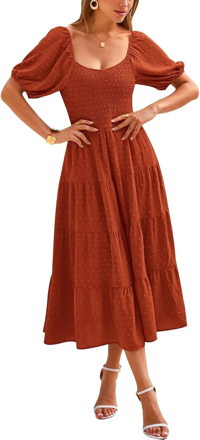 PRETTYGARDEN Women's Spring Dresses 2025 Puff Sleeve V Neck Swiss Dot High Waist Chiffon Dress Tiered Smocked Maxi Dresses
