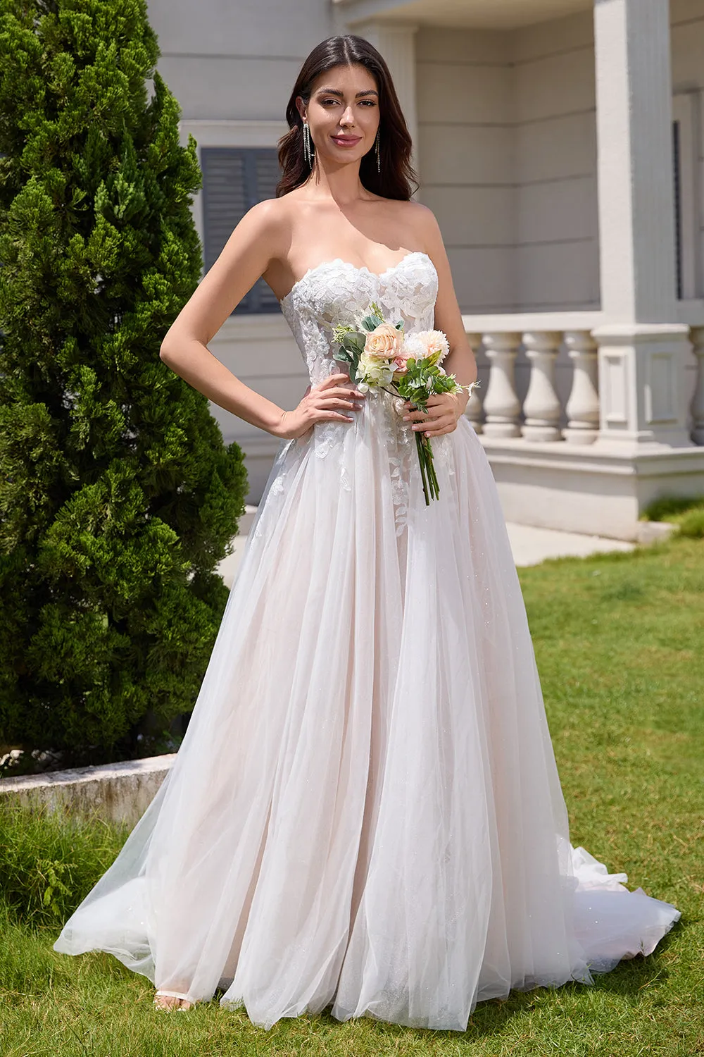 Princess White A Line Tulle Sweetheart Wedding Dress with Applique Lace