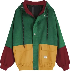 PTOLOCIF Womens Hoodies Jackets Colorblock Patchwork Coats Button up Oversized Jackets Drawstring Hooded Outwear with Pockets