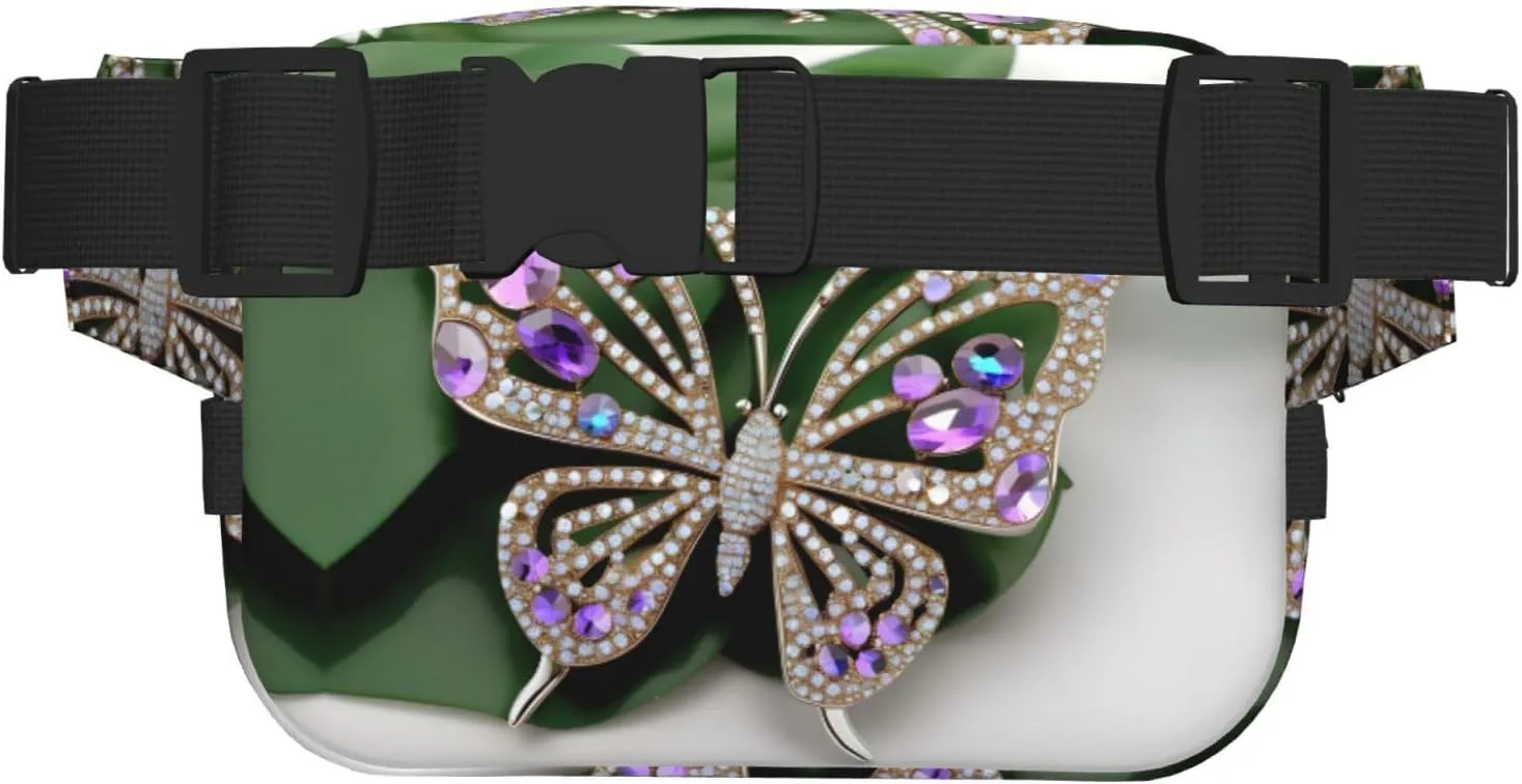 Rhinestone Butterfly Everywhere Belt Bag For Women Men, Zipper Pockets Crossbody Fanny For Hiking, Cycling