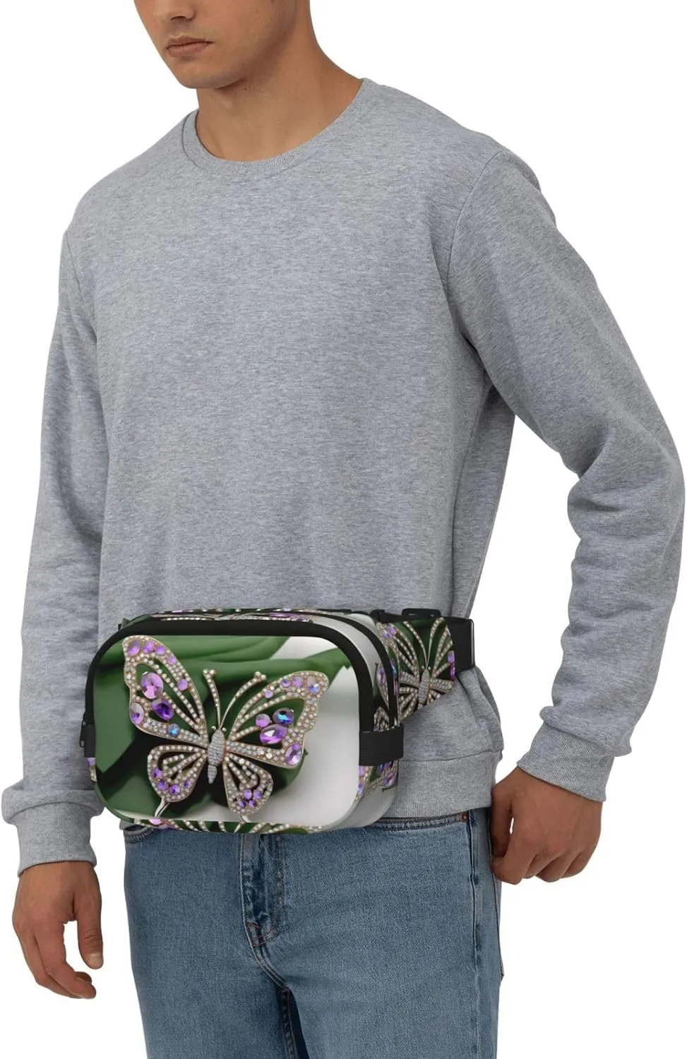 Rhinestone Butterfly Everywhere Belt Bag For Women Men, Zipper Pockets Crossbody Fanny For Hiking, Cycling