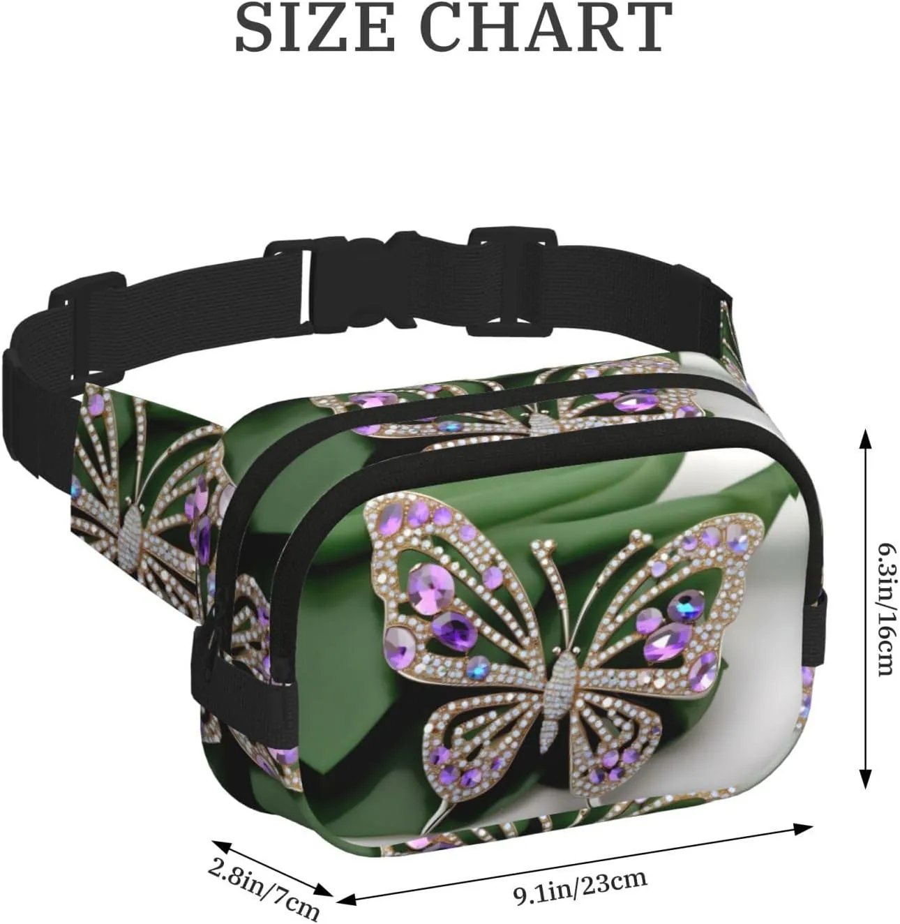 Rhinestone Butterfly Everywhere Belt Bag For Women Men, Zipper Pockets Crossbody Fanny For Hiking, Cycling