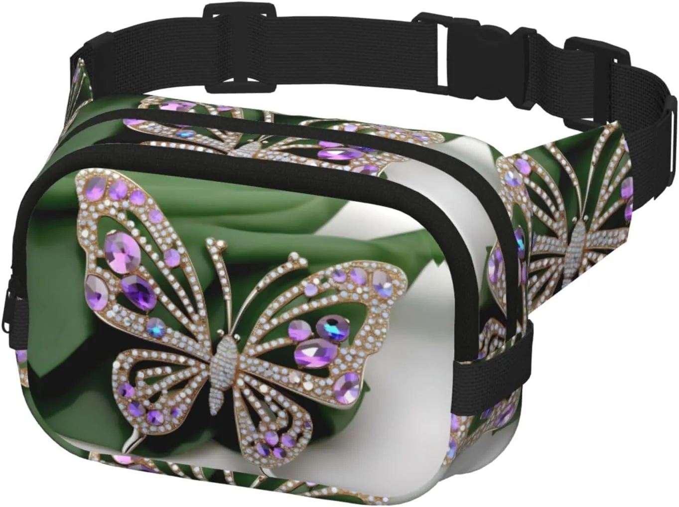 Rhinestone Butterfly Everywhere Belt Bag For Women Men, Zipper Pockets Crossbody Fanny For Hiking, Cycling