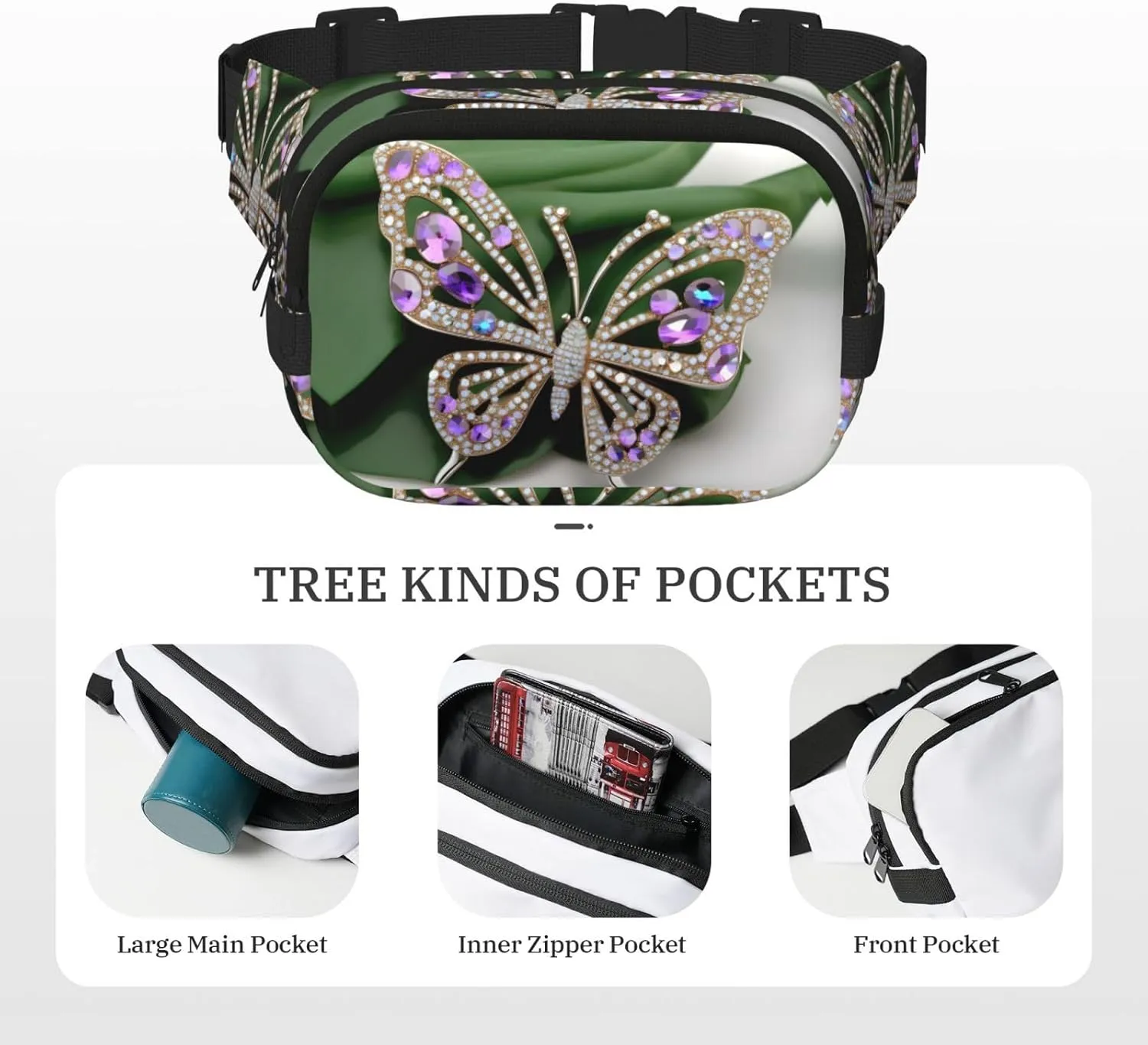 Rhinestone Butterfly Everywhere Belt Bag For Women Men, Zipper Pockets Crossbody Fanny For Hiking, Cycling