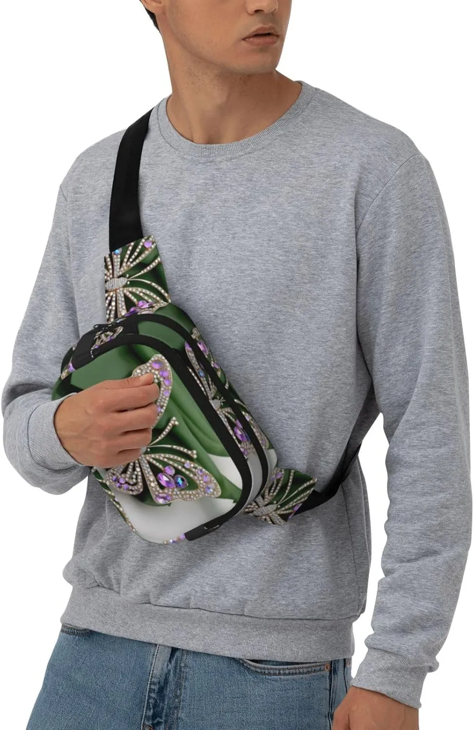 Rhinestone Butterfly Everywhere Belt Bag For Women Men, Zipper Pockets Crossbody Fanny For Hiking, Cycling