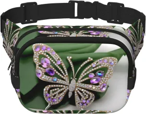 Rhinestone Butterfly Everywhere Belt Bag For Women Men, Zipper Pockets Crossbody Fanny For Hiking, Cycling