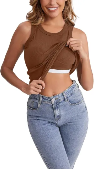 Ribbed Knit Tank Tops with Built in Bra for Women Casual Crew Neck Sleeveless Shirts Basic Workout Camisole Tees 2025