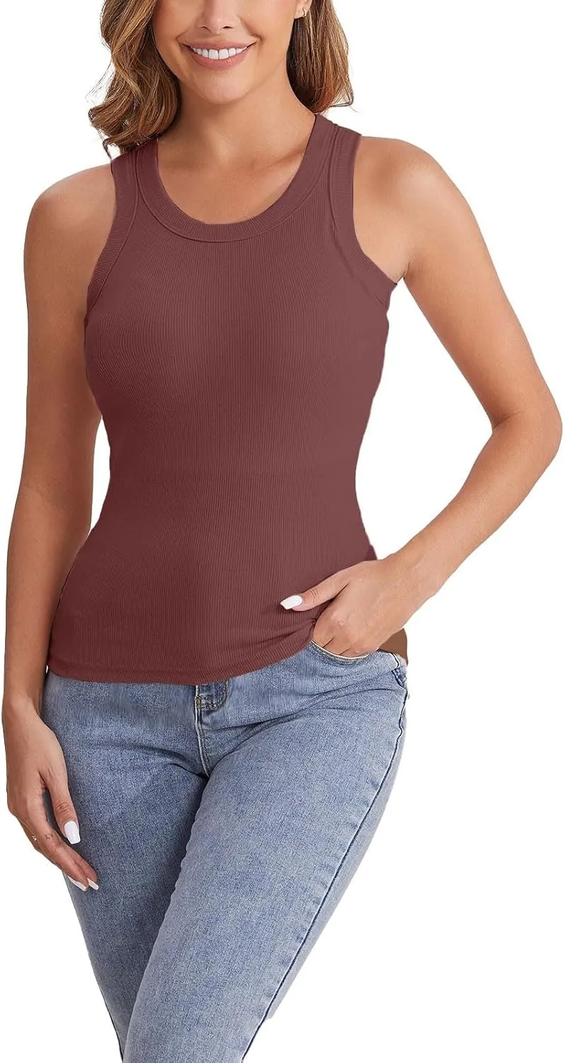 Ribbed Knit Tank Tops with Built in Bra for Women Casual Crew Neck Sleeveless Shirts Basic Workout Camisole Tees 2025