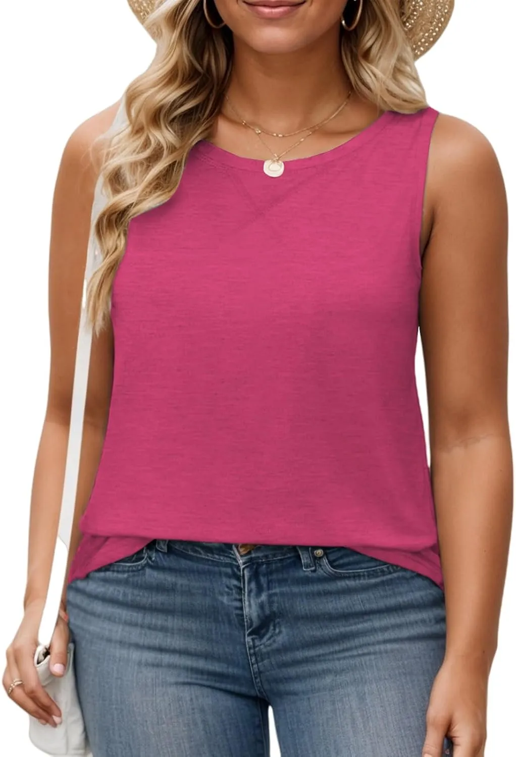 ROSRISS Plus Size Tank Tops for Women Summer Sleeveless T Shirts Loose Fit Crew Neck Tees Flowy Curved Hem Blouses XL-5XL