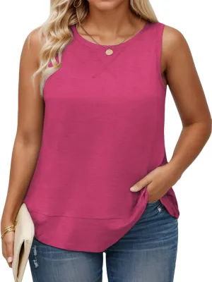 ROSRISS Plus Size Tank Tops for Women Summer Sleeveless T Shirts Loose Fit Crew Neck Tees Flowy Curved Hem Blouses XL-5XL