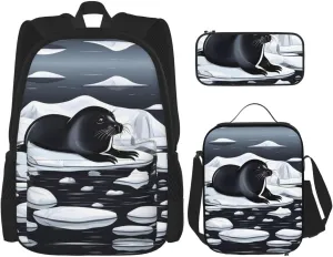 Seals on ice Backpack set (3-piece set) - student school bag   pencil case   lunch bag, large capacity backpack
