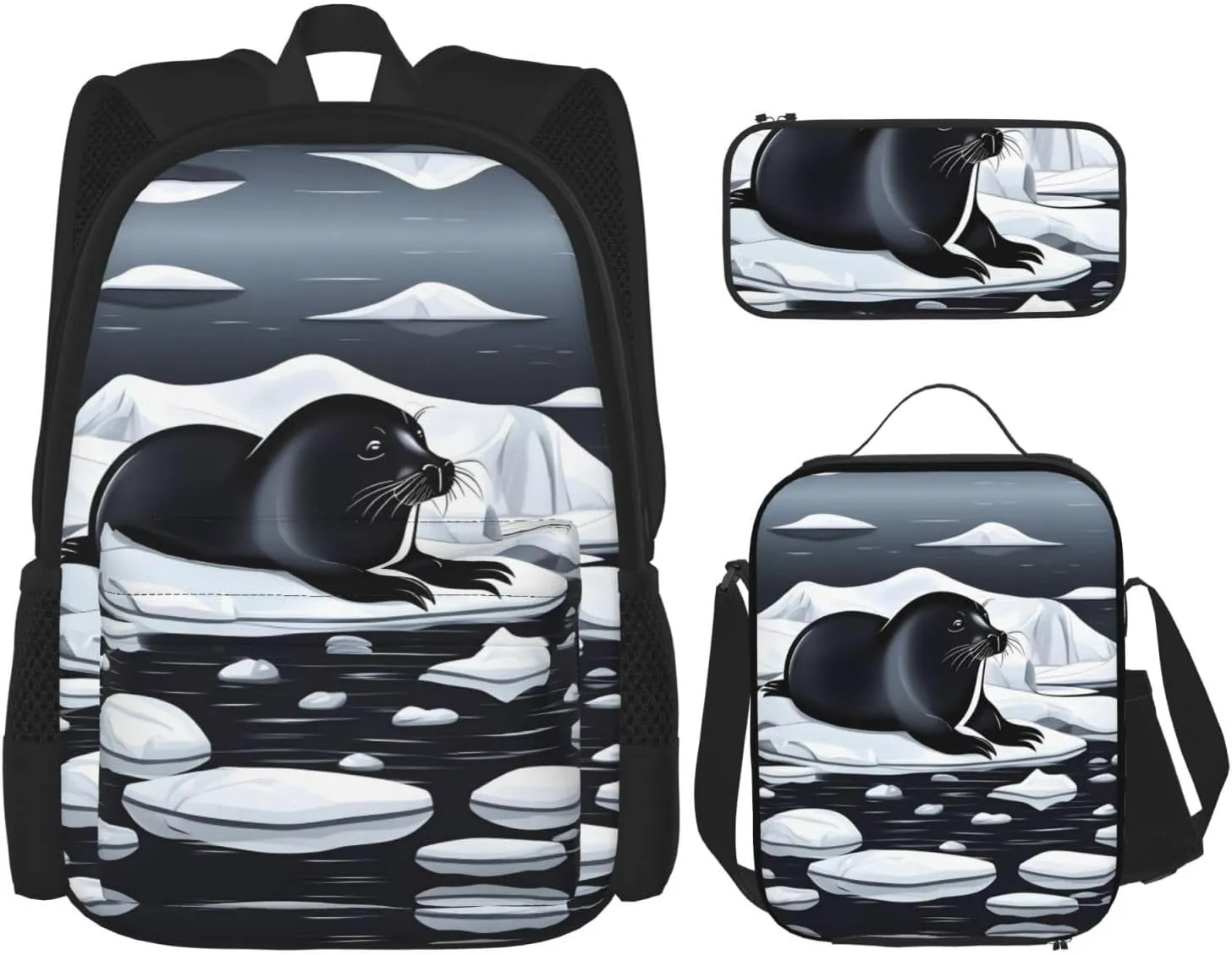 Seals on ice Backpack set (3-piece set) - student school bag   pencil case   lunch bag, large capacity backpack